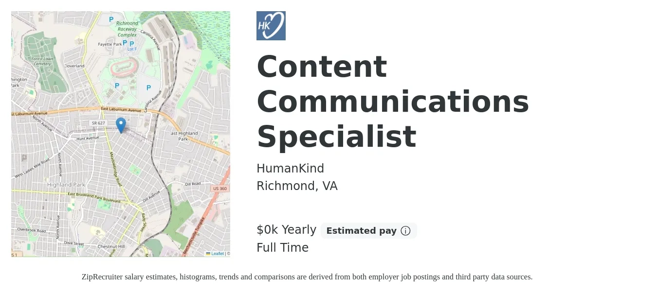 HumanKind job posting for a Content Communications Specialist in Richmond, VA with a salary of $18 to $22 Yearly with a map of Richmond location.