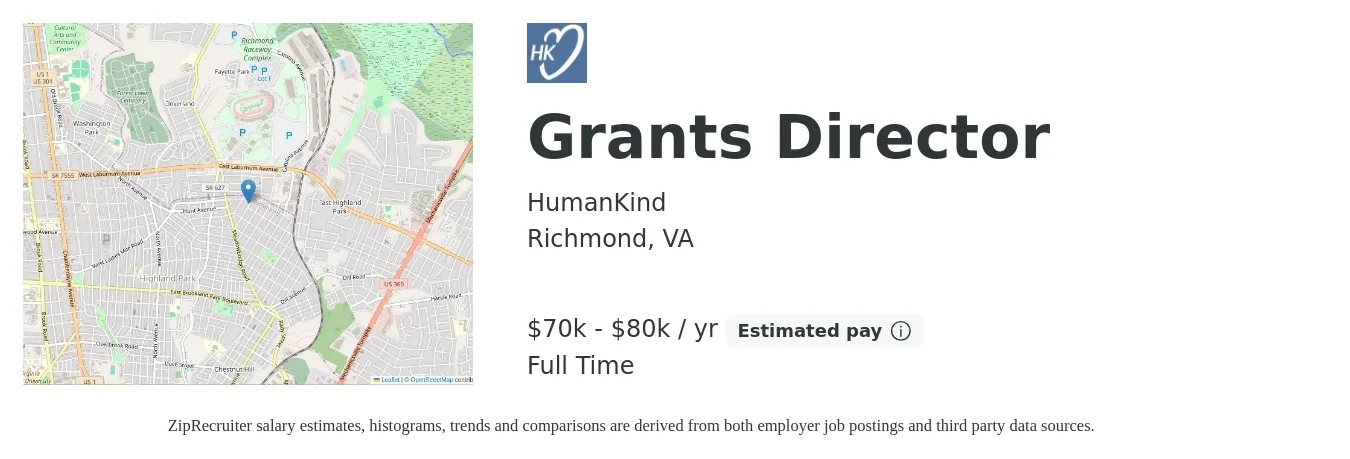 HumanKind job posting for a Grants Director in Richmond, VA with a salary of $70,000 to $80,000 Yearly with a map of Richmond location.