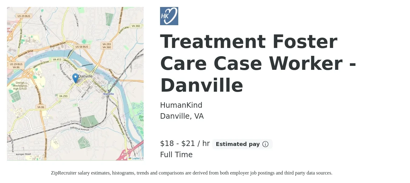 HumanKind job posting for a Treatment Foster Care Case Worker - Danville in Danville, VA with a salary of $20 to $23 Hourly with a map of Danville location.