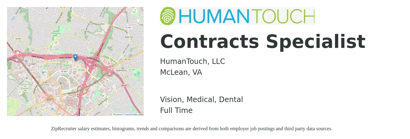 HumanTouch, LLC job posting for a Contracts Specialist in McLean, VA with a salary of $57,600 to $99,600 Yearly and benefits including dental, life_insurance, medical, pto, retirement, and vision with a map of McLean location.