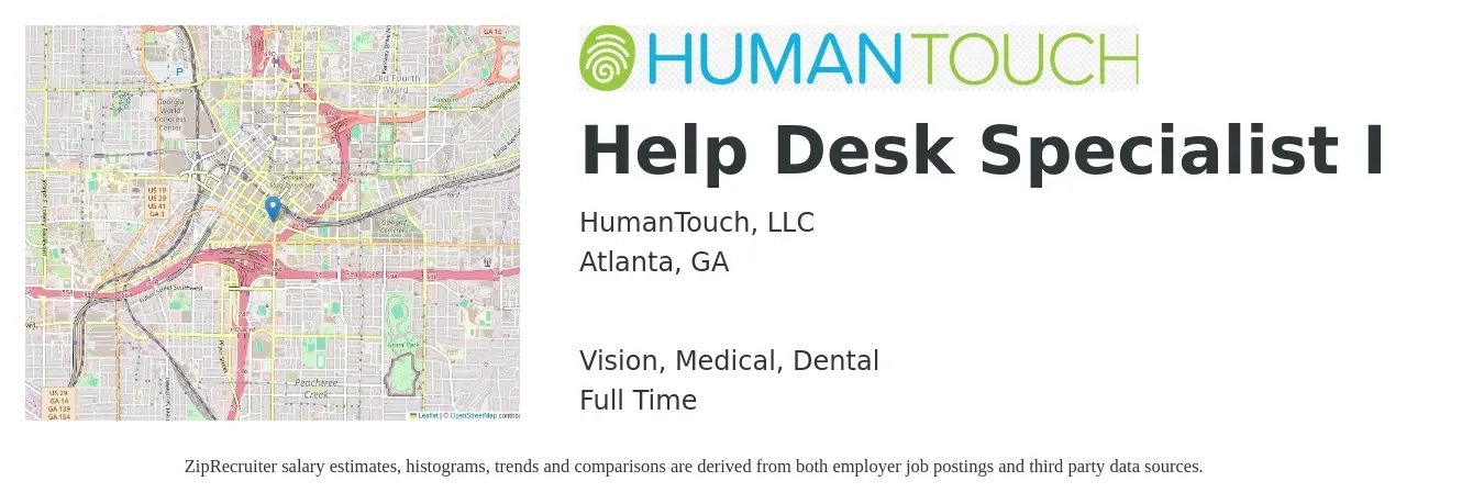 HumanTouch, LLC job posting for a Help Desk Specialist I in Atlanta, GA with a salary of $20 to $29 Hourly and benefits including dental, life_insurance, medical, pto, retirement, and vision with a map of Atlanta location.