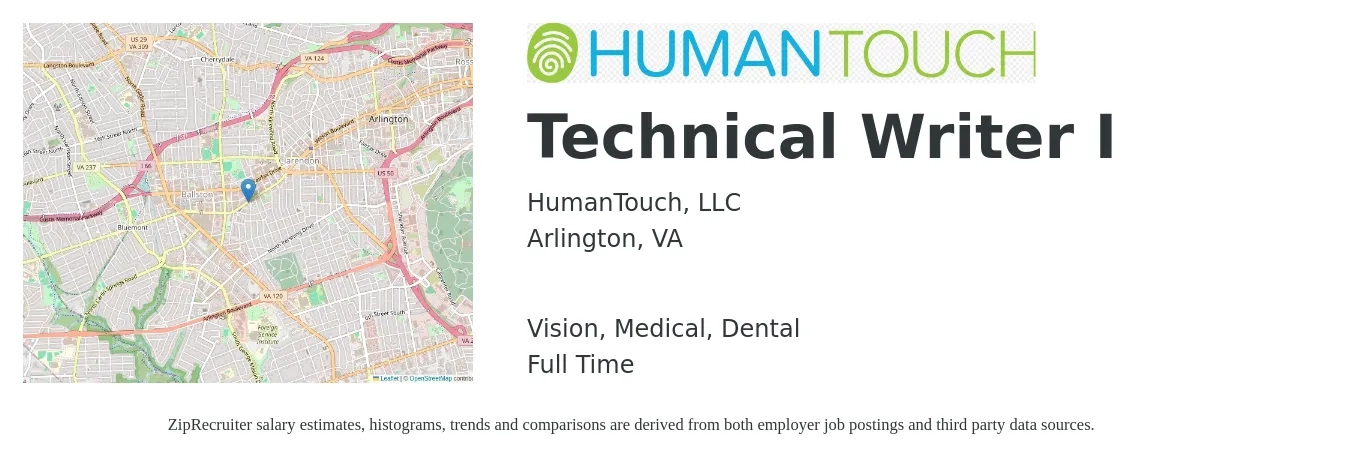 HumanTouch, LLC job posting for a Technical Writer I in Arlington, VA with a salary of $34 to $56 Hourly and benefits including dental, life_insurance, medical, pto, retirement, and vision with a map of Arlington location.