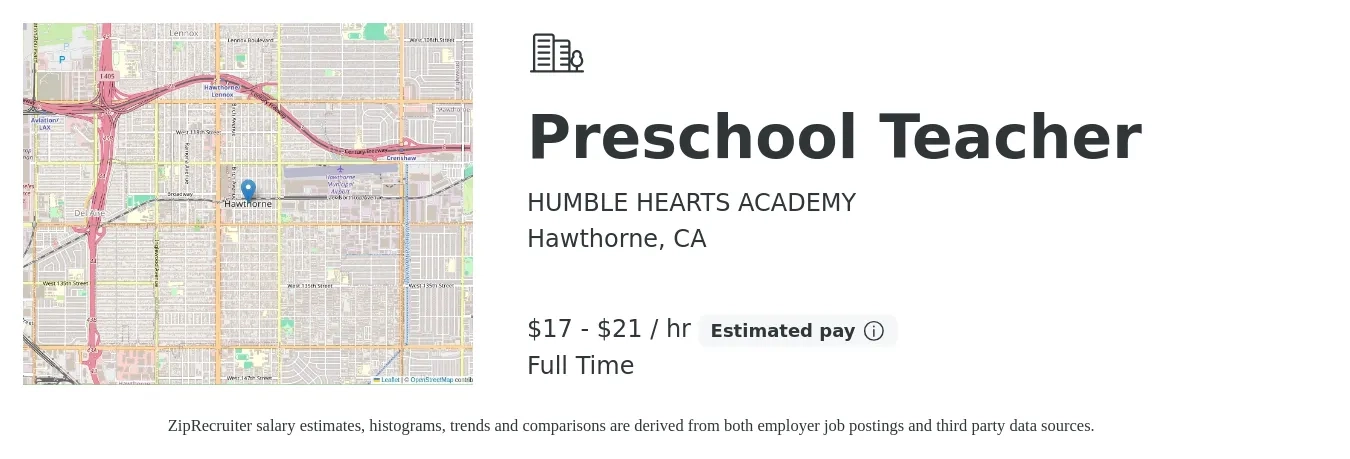 HUMBLE HEARTS ACADEMY job posting for a Preschool Teacher in Hawthorne, CA with a salary of $18 to $22 Hourly with a map of Hawthorne location.