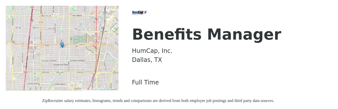 HumCap, Inc. job posting for a Benefits Manager in Dallas, TX with a salary of $65,800 to $103,400 Yearly with a map of Dallas location.