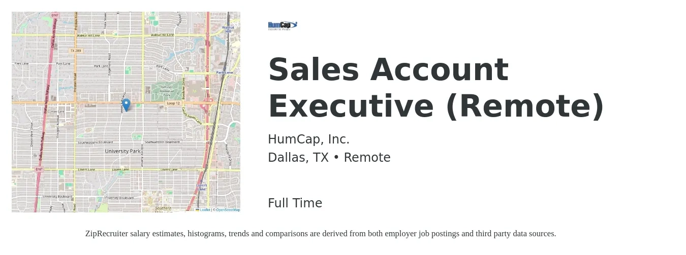 HumCap, Inc. job posting for a Sales Account Executive (Remote) in Dallas, TX with a salary of $52,900 to $83,100 Yearly with a map of Dallas location.