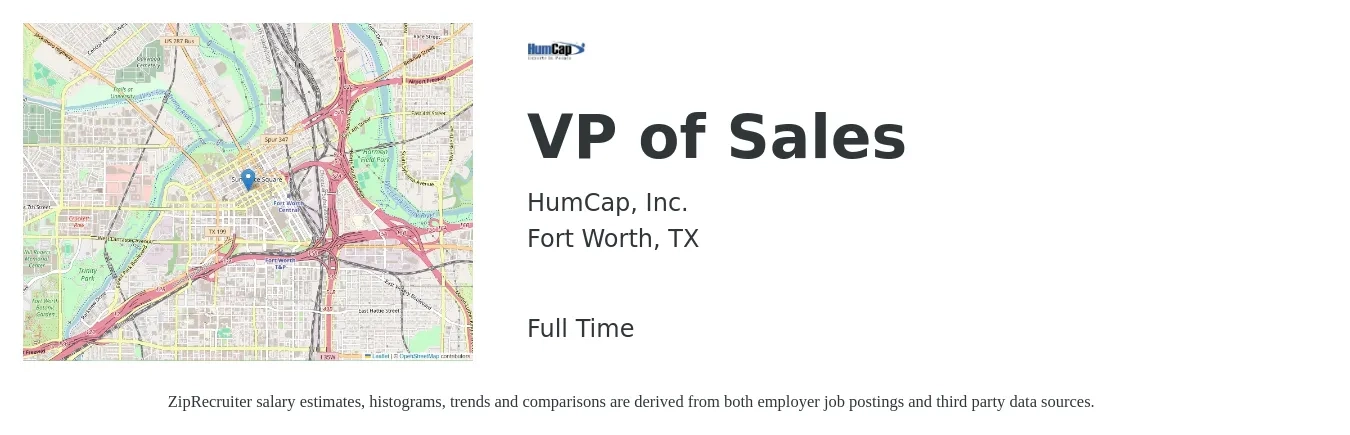 HumCap, Inc. job posting for a VP of Sales in Fort Worth, TX with a salary of $119,800 to $186,900 Yearly with a map of Fort Worth location.