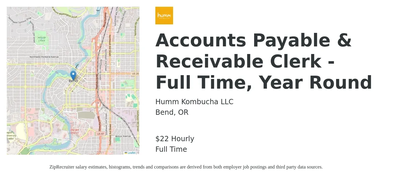 Humm Kombucha LLC job posting for a Accounts Payable & Receivable Clerk - Full Time, Year Round in Bend, OR with a salary of $24 Hourly with a map of Bend location.