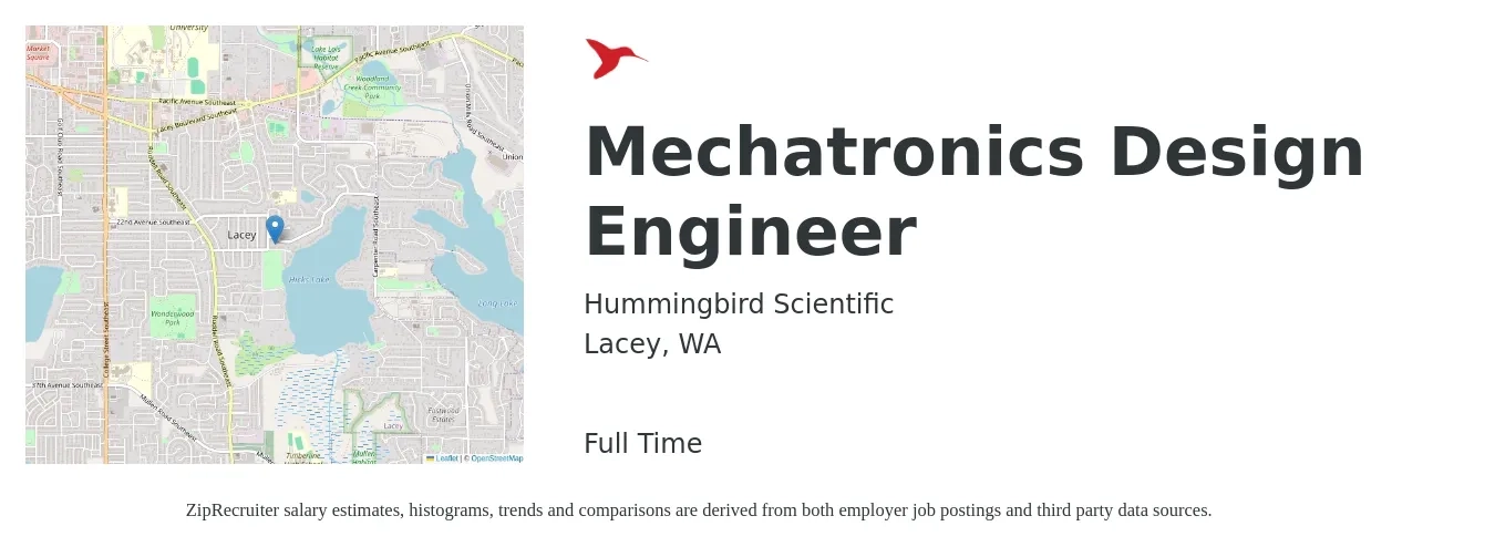 Hummingbird Scientific job posting for a Mechatronics Design Engineer in Lacey, WA with a salary of $74,600 to $114,400 Yearly with a map of Lacey location.