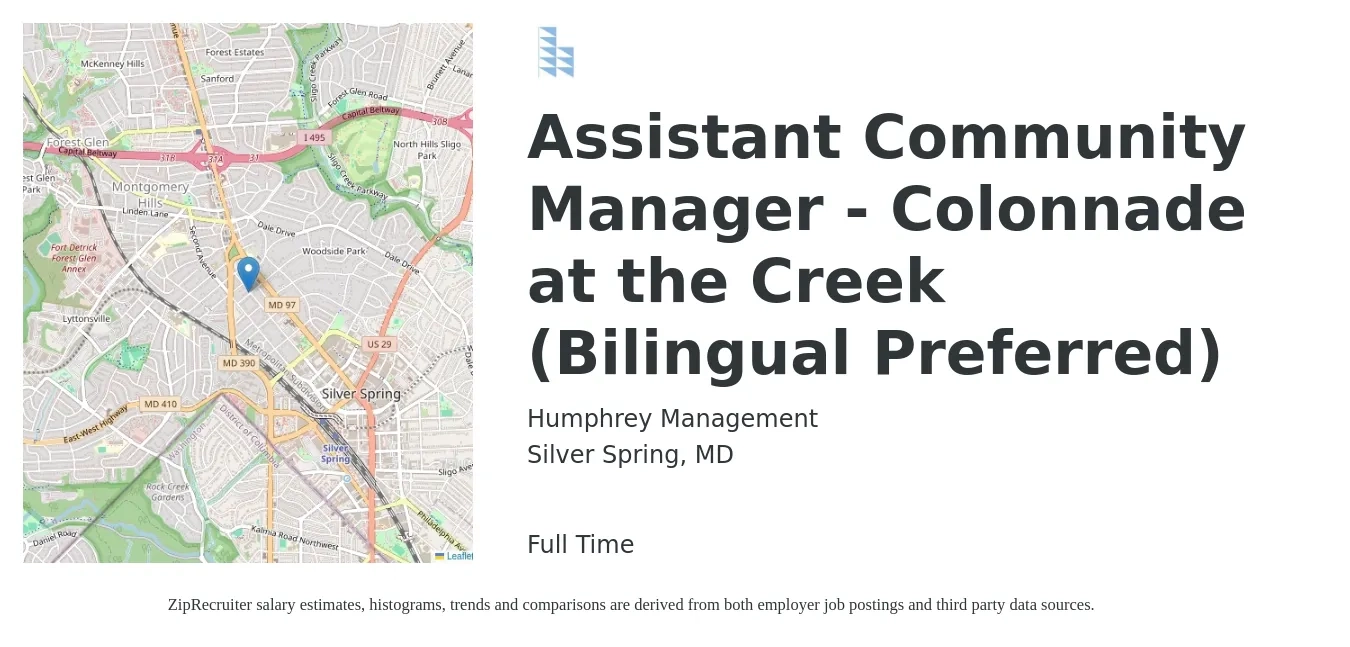 Humphrey Management job posting for a Assistant Community Manager - Colonnade at the Creek (Bilingual Preferred) in Silver Spring, MD with a salary of $20 to $24 Hourly with a map of Silver Spring location.