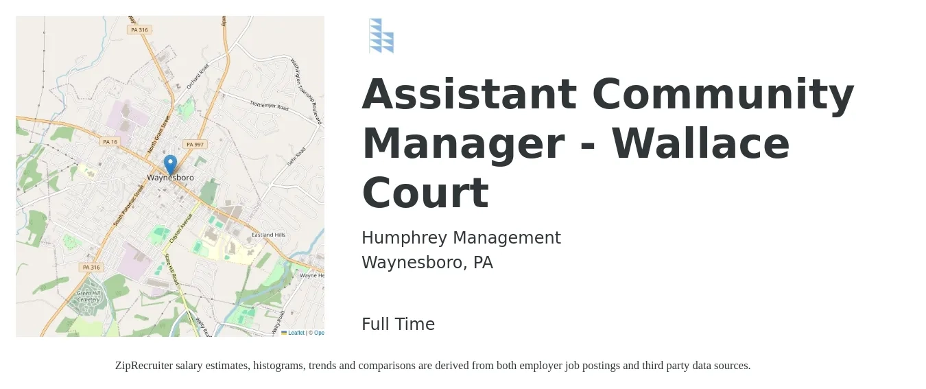 Humphrey Management job posting for a Assistant Community Manager - Wallace Court in Waynesboro, PA with a salary of $18 to $22 Hourly with a map of Waynesboro location.