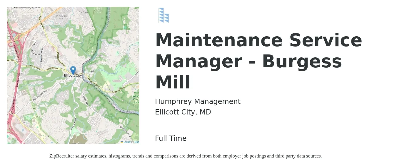 Humphrey Management job posting for a Maintenance Service Manager - Burgess Mill in Ellicott City, MD with a salary of $25 to $30 Hourly with a map of Ellicott City location.