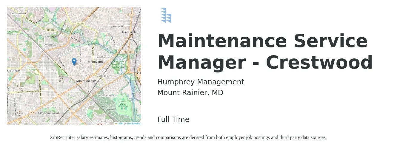 Humphrey Management job posting for a Maintenance Service Manager - Crestwood in Mount Rainier, MD with a salary of $26 to $31 Hourly with a map of Mount Rainier location.