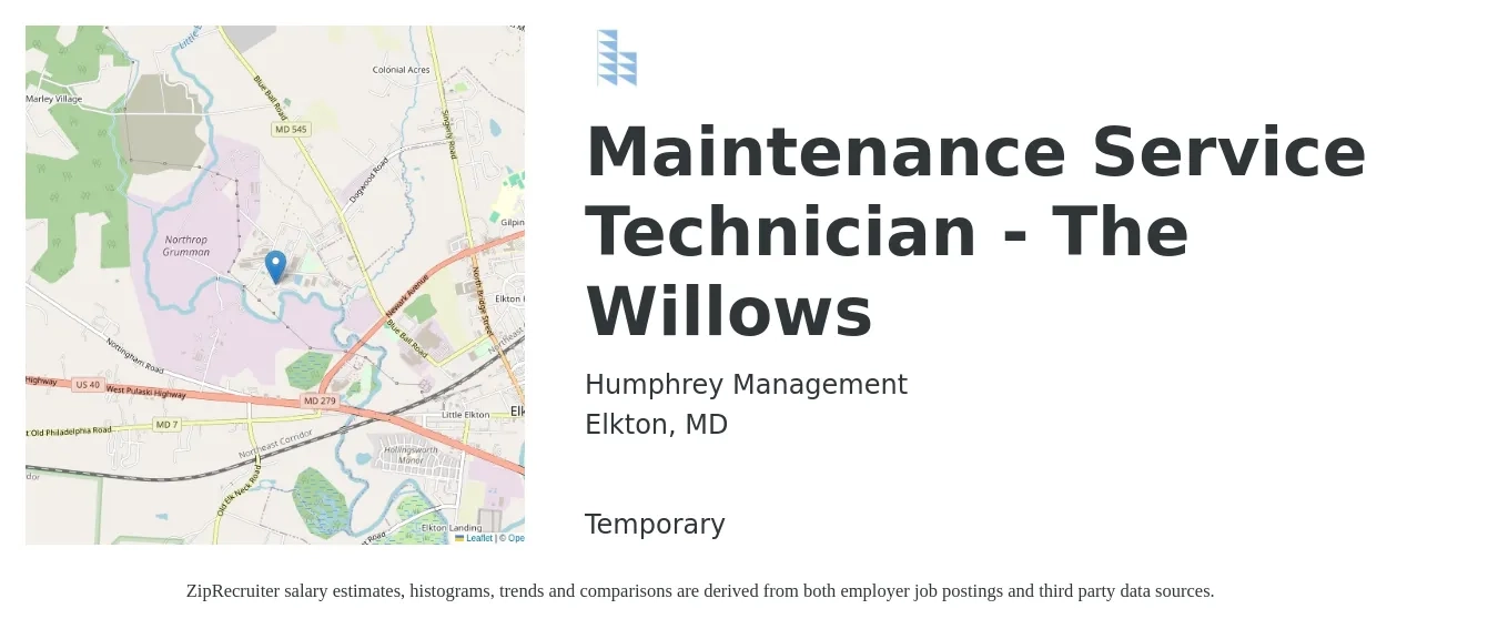 Humphrey Management job posting for a Maintenance Service Technician - The Willows in Elkton, MD with a salary of $20 to $34 Hourly with a map of Elkton location.