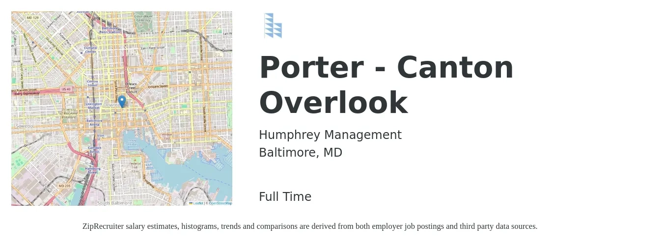 Humphrey Management job posting for a Porter - Canton Overlook in Baltimore, MD with a salary of $14 to $18 Hourly with a map of Baltimore location.