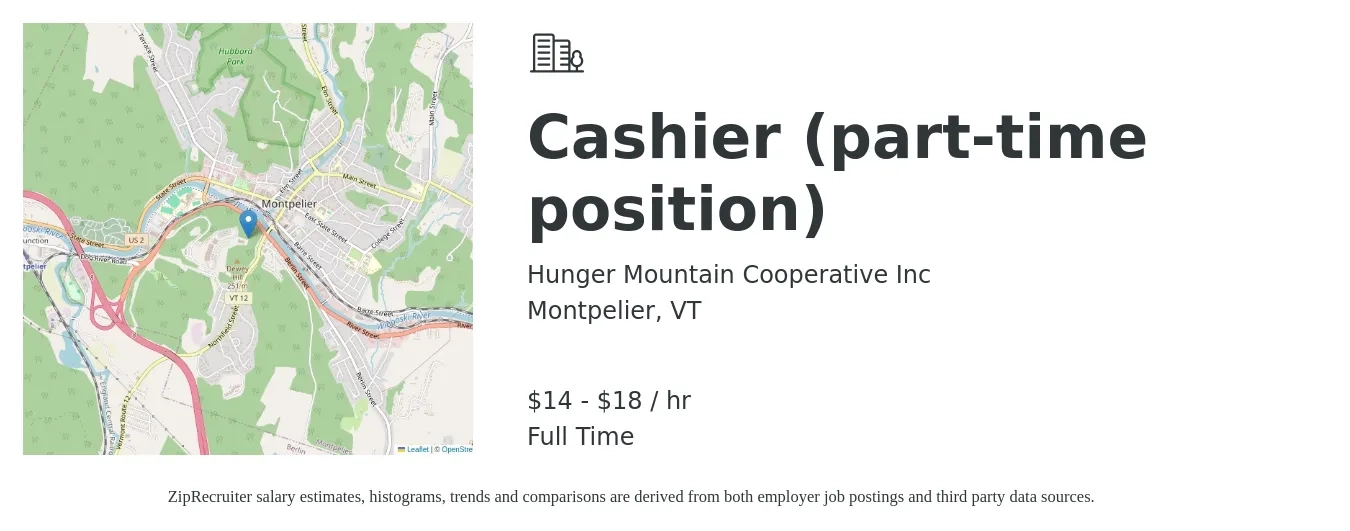 Hunger Mountain Cooperative Inc job posting for a Cashier (part-time position) in Montpelier, VT with a salary of $12 to $16 Hourly with a map of Montpelier location.