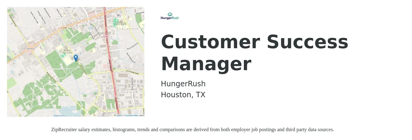 HungerRush job posting for a Customer Success Manager in Houston, TX with a salary of $56,800 to $94,500 Yearly with a map of Houston location.
