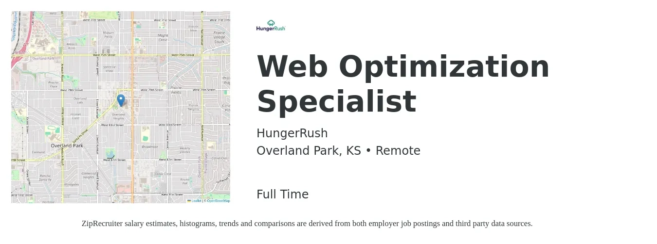 HungerRush job posting for a Web Optimization Specialist in Overland Park, KS with a salary of $88,500 to $88,900 Yearly with a map of Overland Park location.