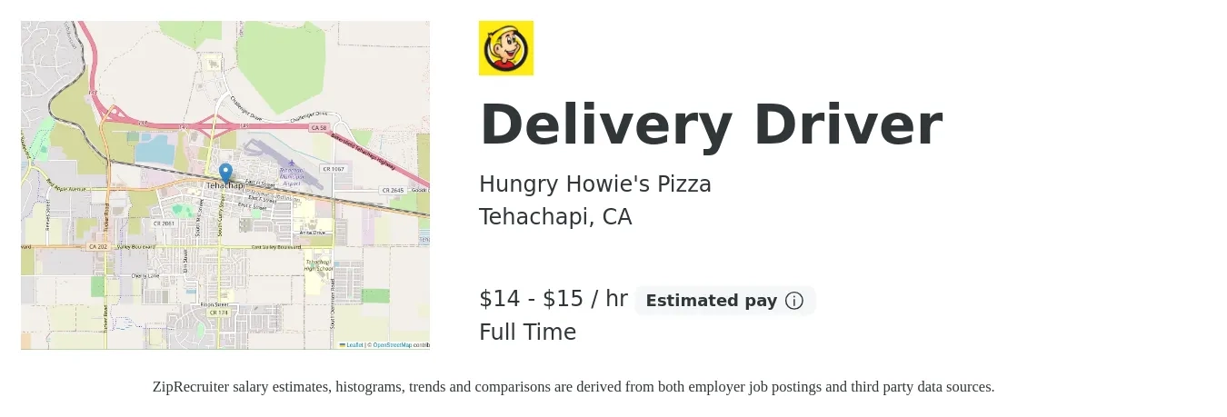Hungry Howie's Pizza job posting for a Delivery Driver in Tehachapi, CA with a salary of $16 to $16 Hourly with a map of Tehachapi location.