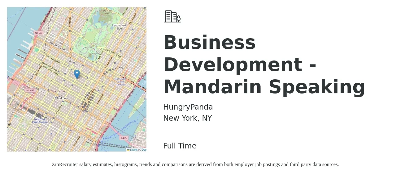 HungryPanda job posting for a Business Development - Mandarin Speaking in New York, NY with a salary of $40,000 to $70,000 Yearly with a map of New York location.