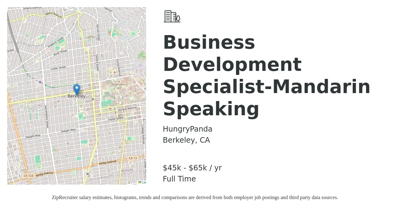 HungryPanda job posting for a Business Development Specialist-Mandarin Speaking in Berkeley, CA with a salary of $45,600 to $65,000 Yearly with a map of Berkeley location.