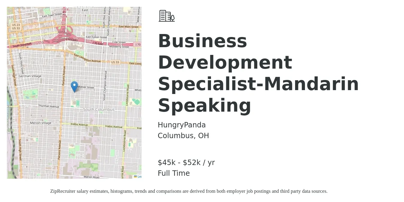 HungryPanda job posting for a Business Development Specialist-Mandarin Speaking in Columbus, OH with a salary of $45,000 to $52,000 Yearly with a map of Columbus location.