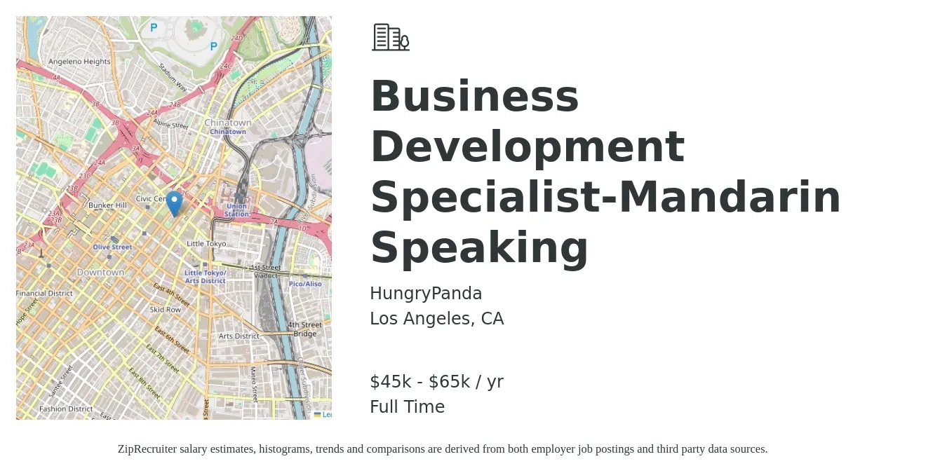 HungryPanda job posting for a Business Development Specialist-Mandarin Speaking in Los Angeles, CA with a salary of $45,600 to $65,000 Yearly with a map of Los Angeles location.