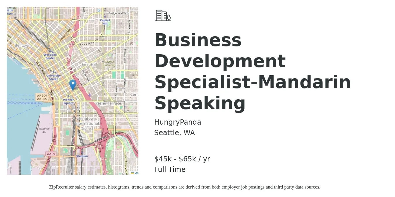 HungryPanda job posting for a Business Development Specialist-Mandarin Speaking in Seattle, WA with a salary of $45,000 to $65,000 Yearly with a map of Seattle location.