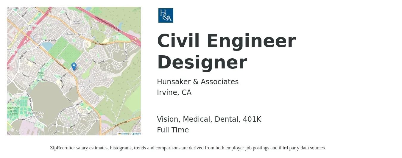 Hunsaker & Associates job posting for a Civil Engineer Designer in Irvine, CA with a salary of $71,900 to $100,900 Yearly and benefits including 401k, dental, life_insurance, medical, and vision with a map of Irvine location.