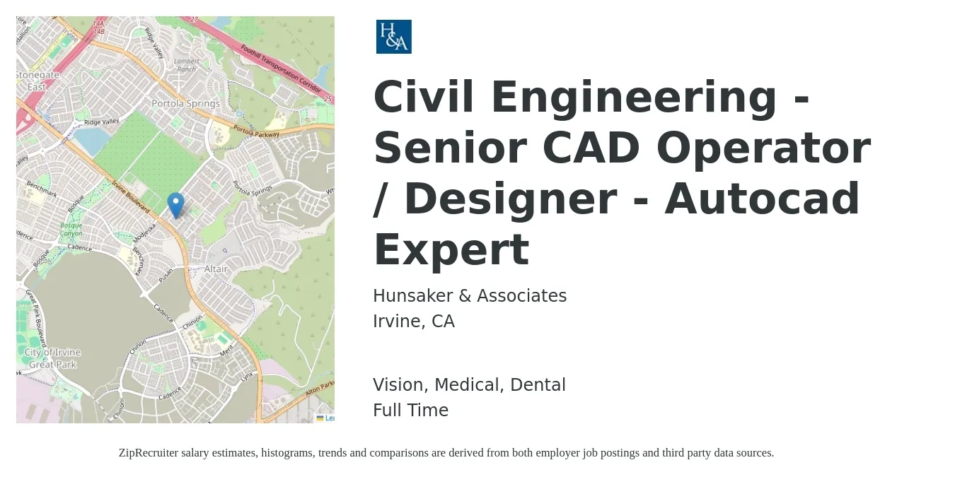 Hunsaker & Associates job posting for a Civil Engineering - Senior CAD Operator / Designer - Autocad Expert in Irvine, CA with a salary of $71,900 to $100,900 Yearly and benefits including retirement, vision, dental, life_insurance, and medical with a map of Irvine location.