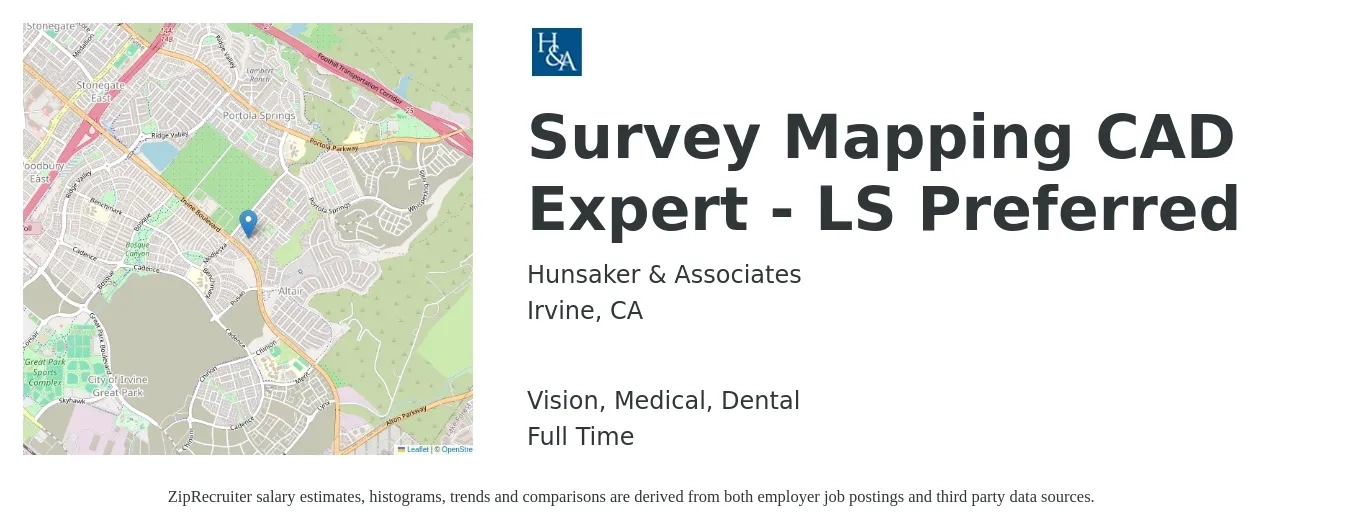 Hunsaker & Associates job posting for a Survey Mapping CAD Expert - LS Preferred in Irvine, CA with a salary of $20 to $33 Hourly and benefits including dental, life_insurance, medical, retirement, and vision with a map of Irvine location.