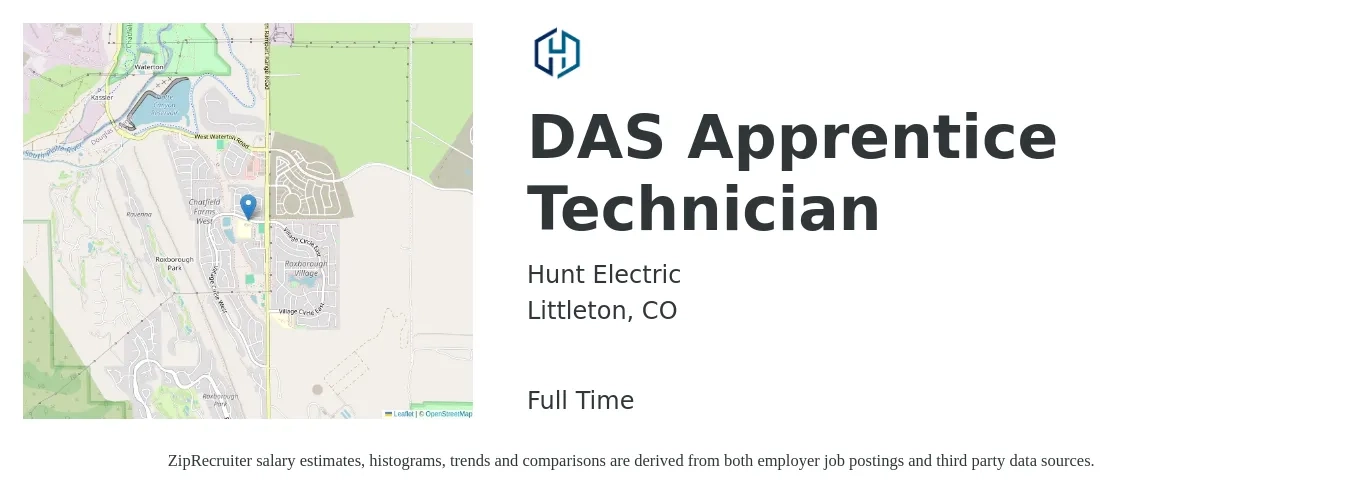 Hunt Electric job posting for a DAS Apprentice Technician in Littleton, CO with a salary of $19 to $25 Hourly with a map of Littleton location.