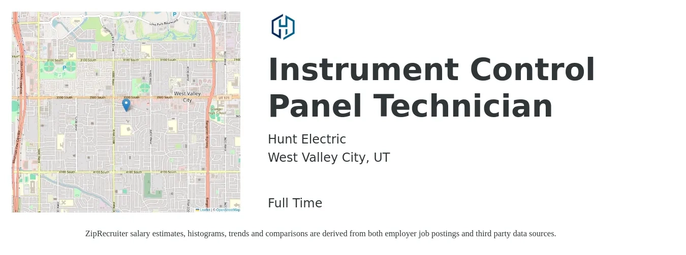 Hunt Electric job posting for a Instrument Control Panel Technician in West Valley City, UT with a salary of $29 to $41 Hourly with a map of West Valley City location.