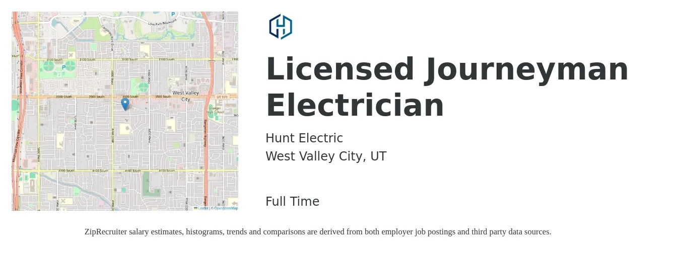 Hunt Electric job posting for a Licensed Journeyman Electrician in West Valley City, UT with a salary of $28 to $37 Hourly with a map of West Valley City location.