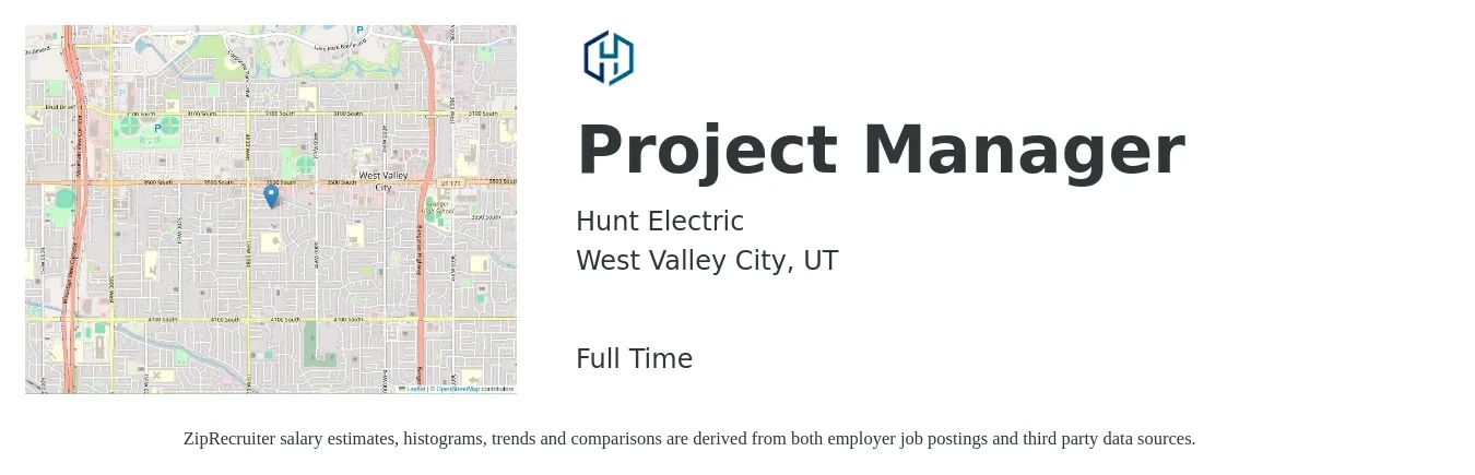 Hunt Electric job posting for a Project Manager in West Valley City, UT with a salary of $75,400 to $118,200 Yearly with a map of West Valley City location.