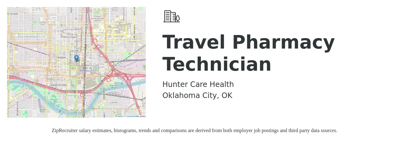Hunter Care Health job posting for a Travel Pharmacy Technician in Oklahoma City, OK with a salary of $16 to $20 Hourly with a map of Oklahoma City location.