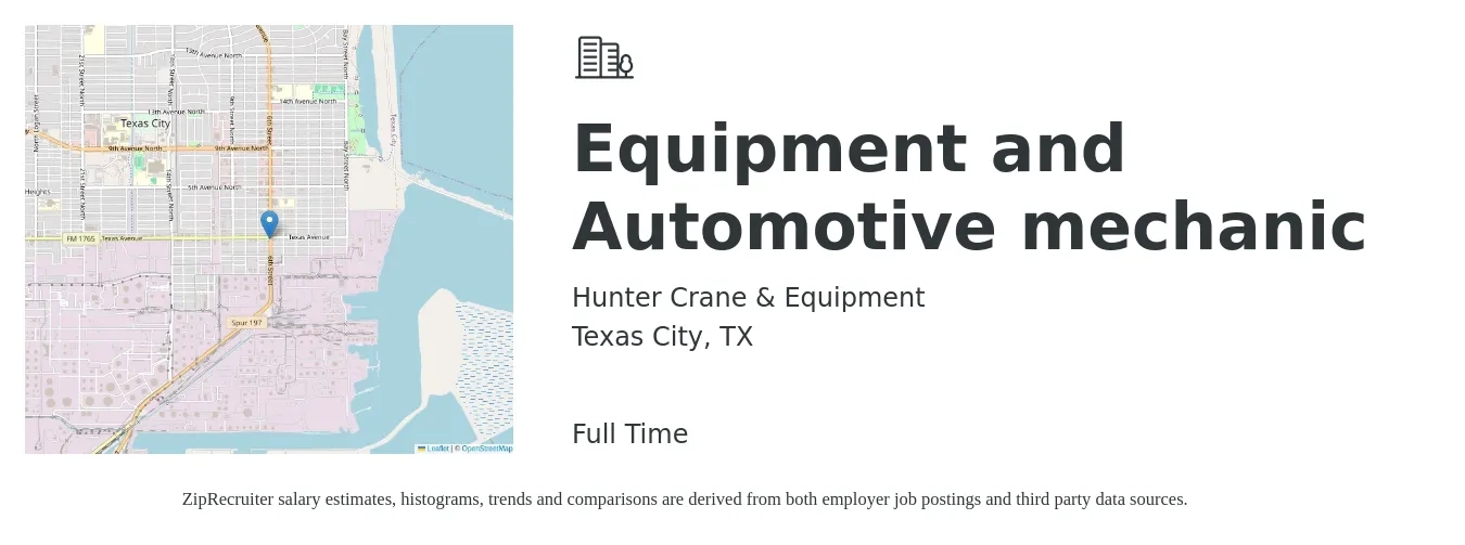 Hunter Crane & Equipment job posting for a Equipment and Automotive mechanic in Texas City, TX with a salary of $18 to $26 Hourly with a map of Texas City location.