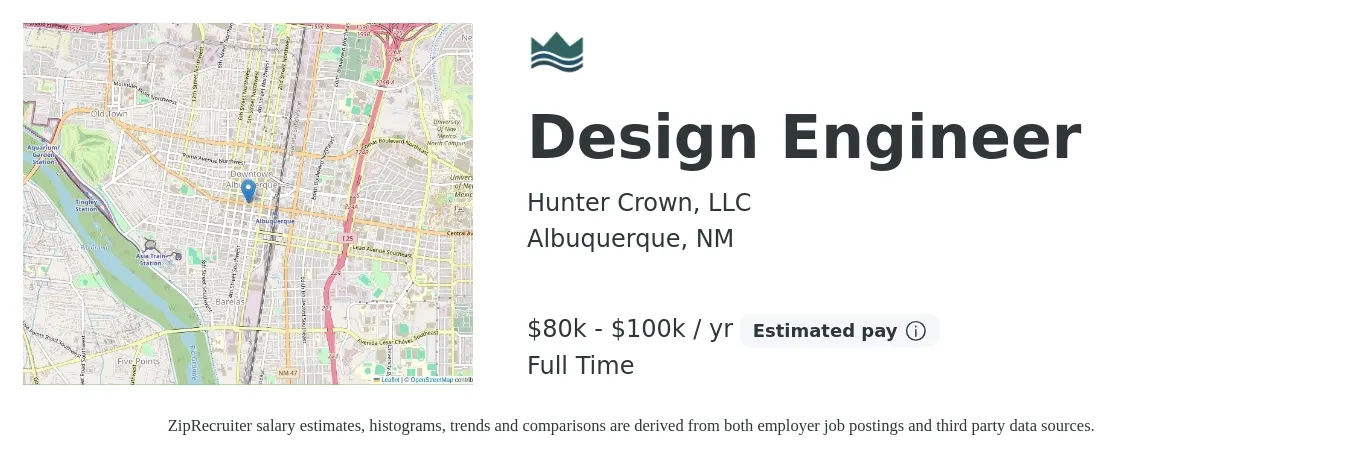 Hunter Crown, LLC job posting for a Design Engineer in Albuquerque, NM with a salary of $80,000 to $100,000 Yearly with a map of Albuquerque location.