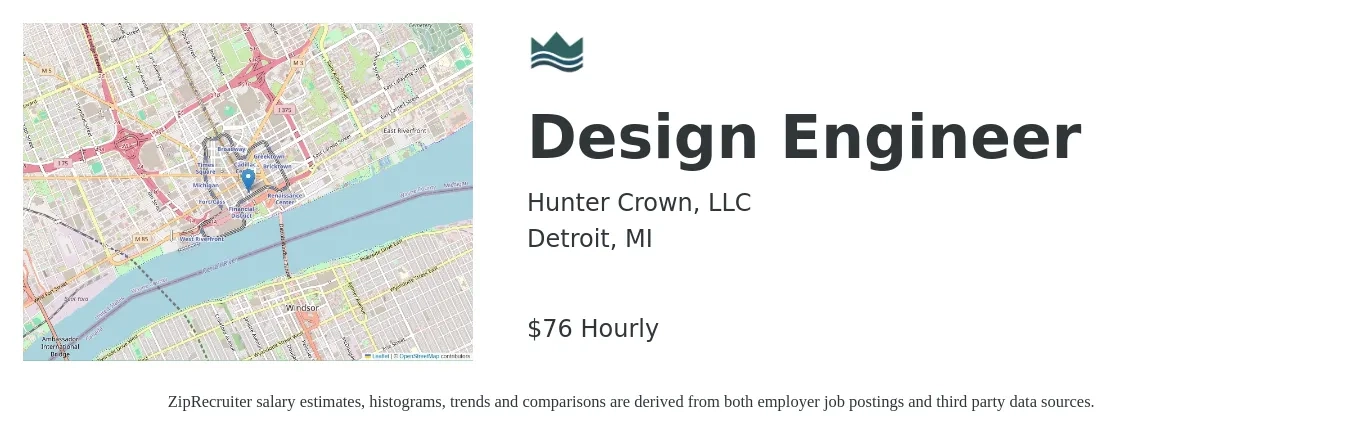 Hunter Crown, LLC job posting for a Design Engineer in Detroit, MI with a salary of $80,000 to $119,996 Yearly with a map of Detroit location.