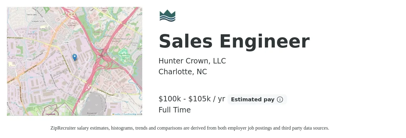 Hunter Crown, LLC job posting for a Sales Engineer in Charlotte, NC with a salary of $100,000 to $105,000 Yearly with a map of Charlotte location.