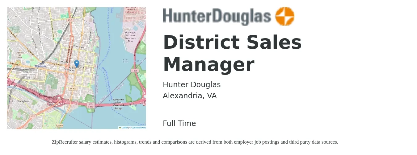 Hunter Douglas job posting for a District Sales Manager in Alexandria, VA with a salary of $70,600 to $108,100 Yearly with a map of Alexandria location.