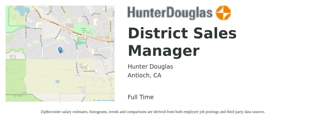 Hunter Douglas job posting for a District Sales Manager in Antioch, CA with a salary of $75,000 to $114,800 Yearly with a map of Antioch location.