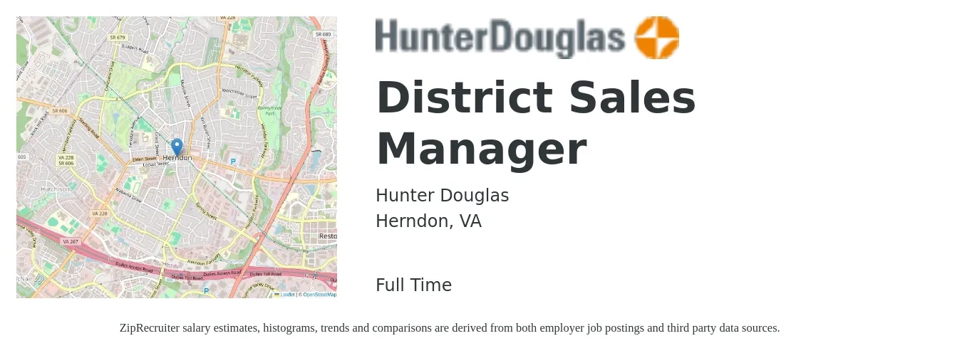 Hunter Douglas job posting for a District Sales Manager in Herndon, VA with a salary of $67,900 to $103,900 Yearly with a map of Herndon location.