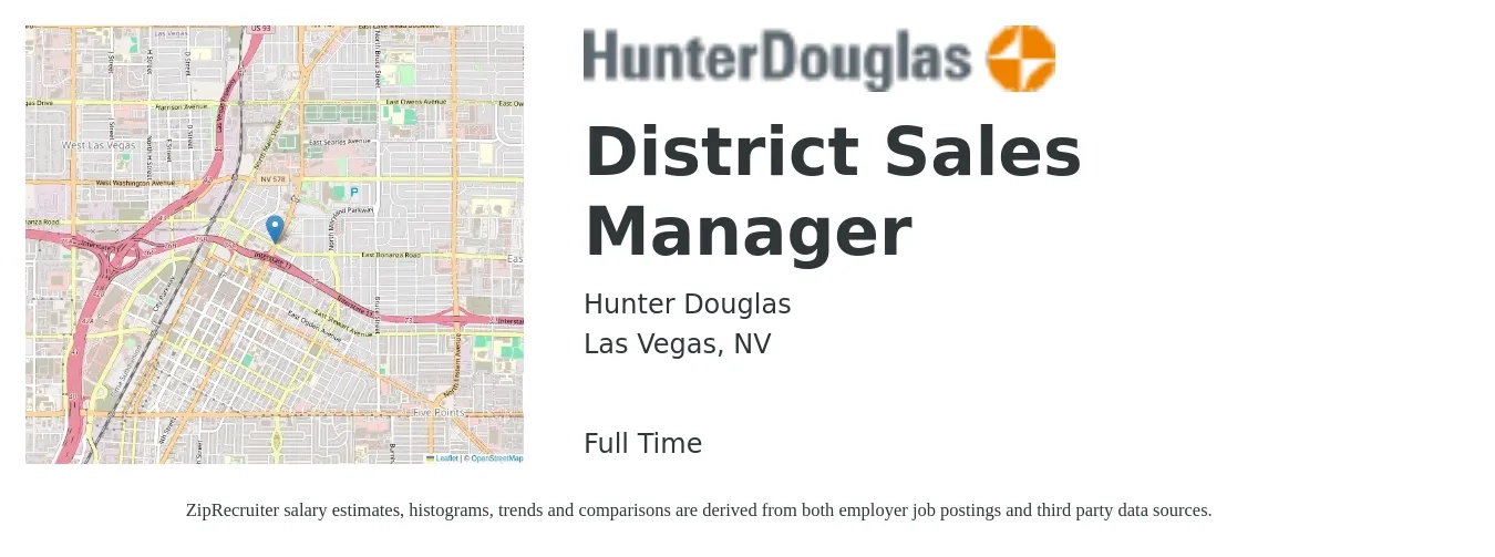 Hunter Douglas job posting for a District Sales Manager in Las Vegas, NV with a salary of $63,000 to $96,500 Yearly with a map of Las Vegas location.