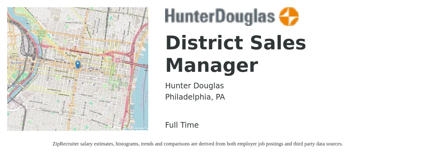 Hunter Douglas job posting for a District Sales Manager in Philadelphia, PA with a salary of $66,600 to $101,900 Yearly with a map of Philadelphia location.