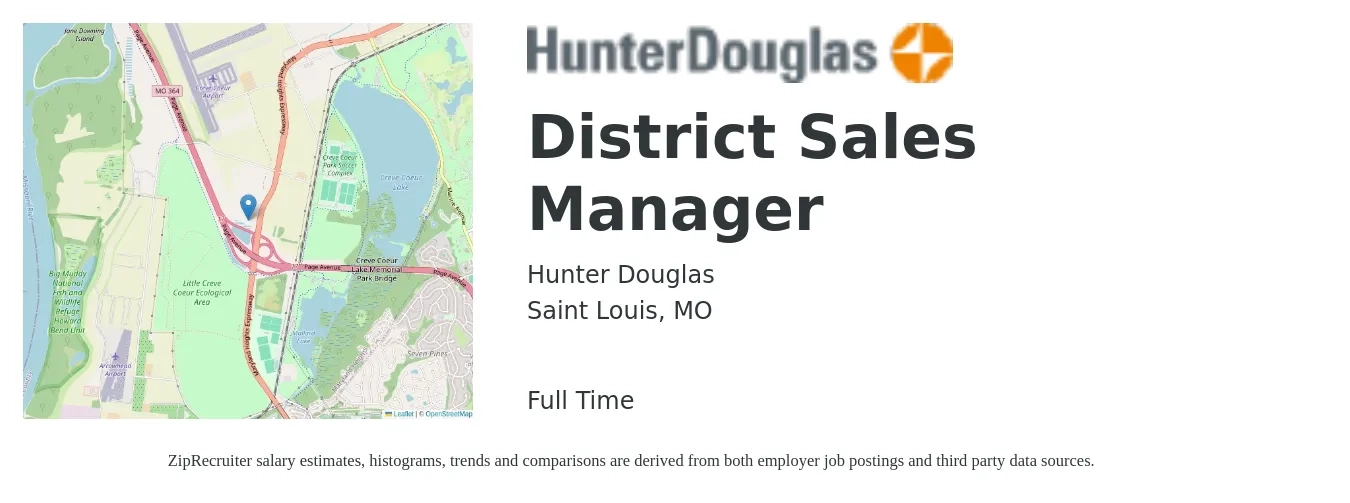 Hunter Douglas job posting for a District Sales Manager in Saint Louis, MO with a salary of $64,200 to $98,200 Yearly with a map of Saint Louis location.