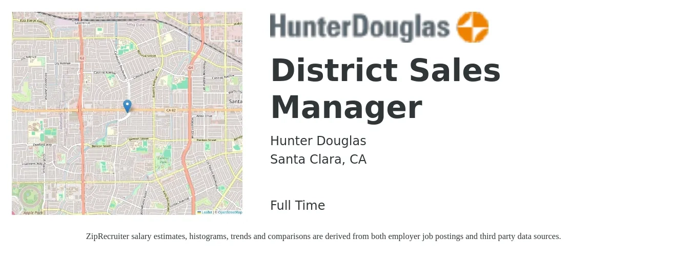 Hunter Douglas job posting for a District Sales Manager in Santa Clara, CA with a salary of $77,500 to $118,600 Yearly with a map of Santa Clara location.