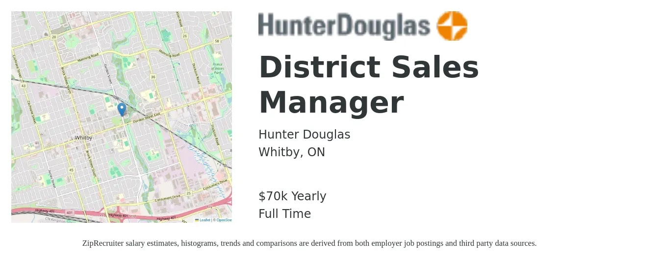 Hunter Douglas job posting for a District Sales Manager in Whitby, ON with a salary of $70,000 Yearly with a map of Whitby location.