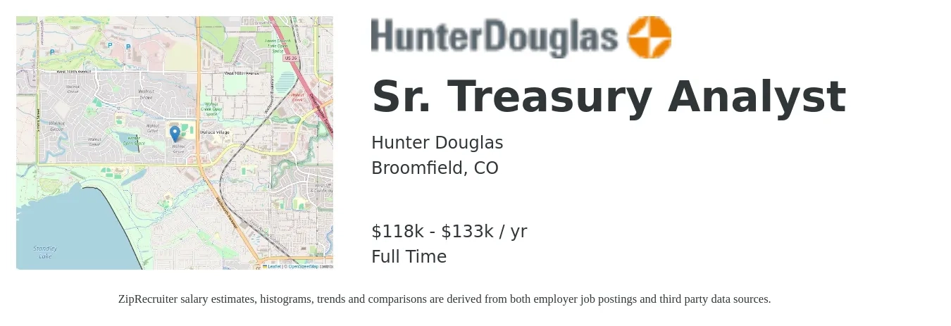Hunter Douglas job posting for a Sr. Treasury Analyst in Broomfield, CO with a salary of $118,000 to $133,000 Yearly with a map of Broomfield location.