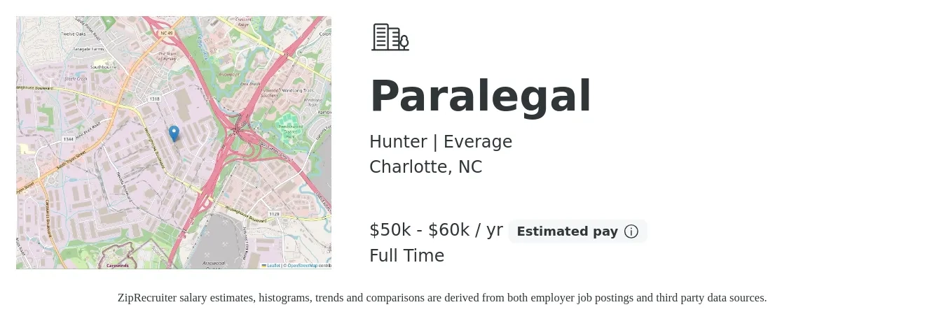Hunter | Everage job posting for a Paralegal in Charlotte, NC with a salary of $50,000 to $60,000 Yearly with a map of Charlotte location.