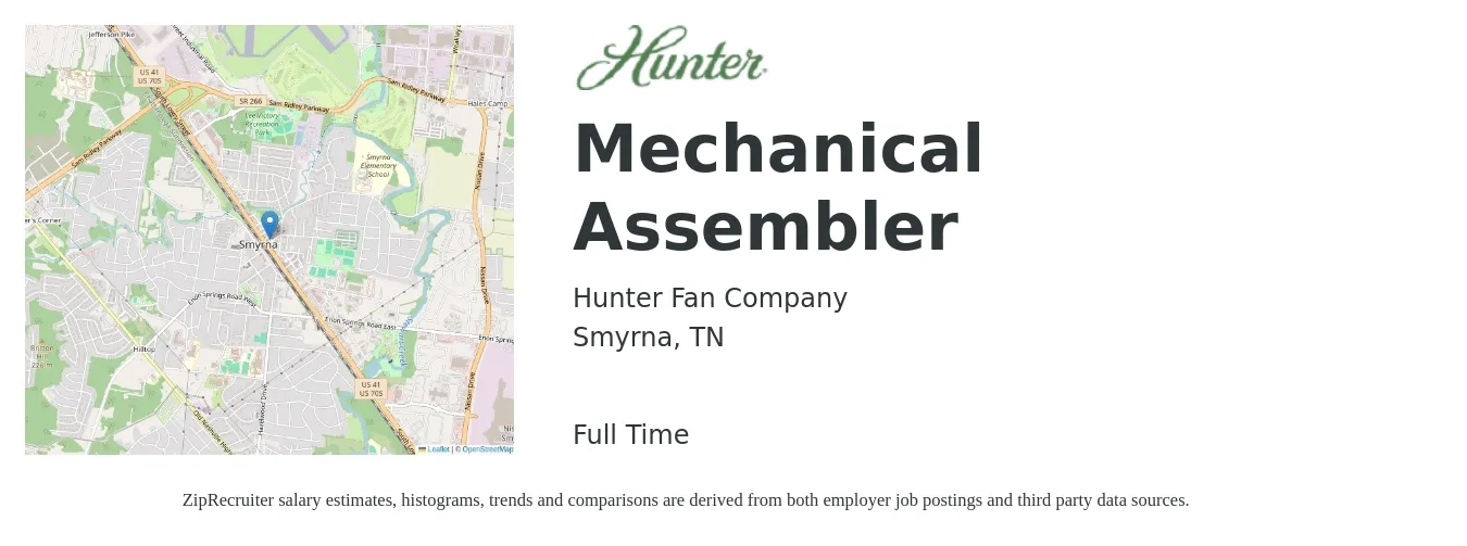 Hunter Fan Company job posting for a Mechanical Assembler in Smyrna, TN with a salary of $17 to $21 Hourly with a map of Smyrna location.